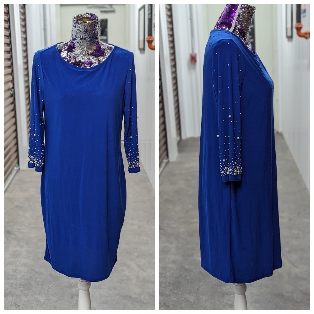 Cocktail Evening Formal Beaded Sleeve Blue Sheath Dress Nik & Nash Large